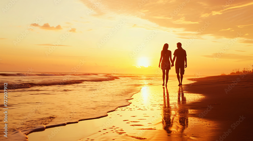 A dreamy silhouette of a couple strolling barefoot on a serene beach at sunset, their hands intertwined, radiating love, connection, and tranquility.
