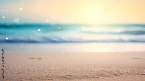 Sandy beach with light blue transparent water waves and sunlight, tranquil aerial beach scene © ting