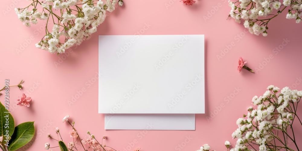 Envelope and beautiful flowering branches on pastel pink background. Flat lay, top view.