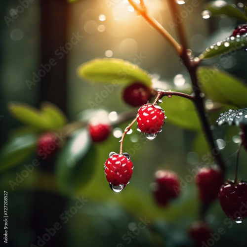 Red and blue berries on a branch in the forest.
