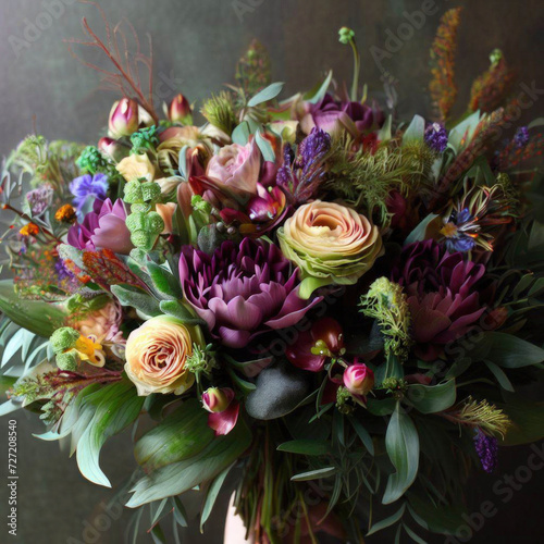 A beautiful colourful bouquet of different flowers in the woods and other places, a gift