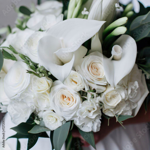 White bridal bouquet, roses and other flowers