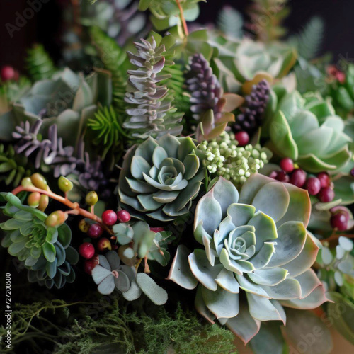 Bouquet-vase of green and different kinds of succulents, white background, flowers
