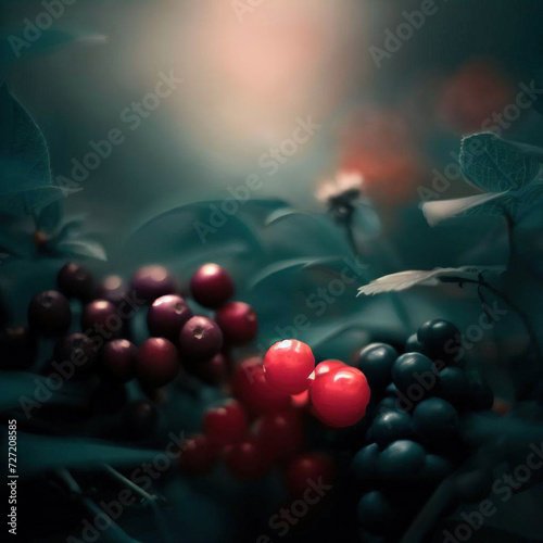 Red and blue berries on a branch in the forest.