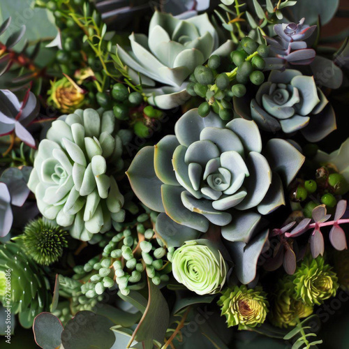 Bouquet-vase of green and different kinds of succulents, white background, flowers