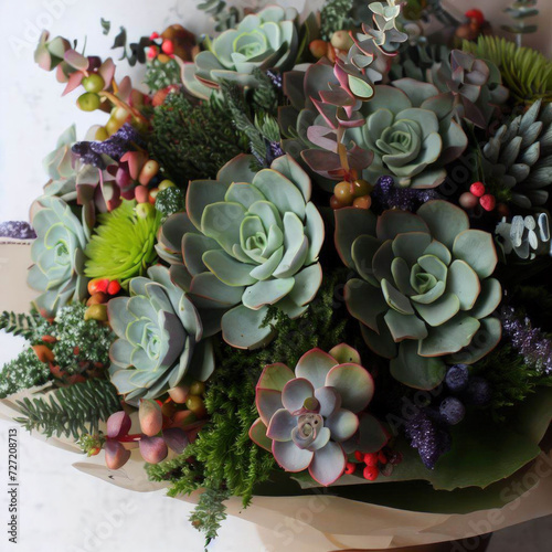 Bouquet-vase of green and different kinds of succulents, white background, flowers