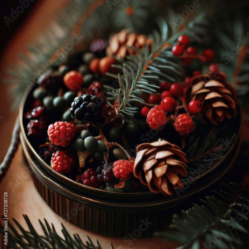 Berries, cones and branches in a tea box as a gift, fir branches, trees, beautiful scene, tea on a wooden table