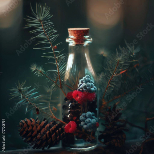 Forest red, blue, coloured berries in a transparent jar in a forest with trees, nearby birds and tree branches, nature and with cones