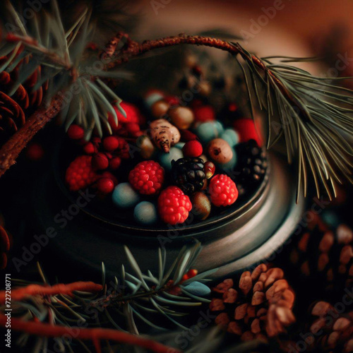 Berries, cones and branches in a tea box as a gift, fir branches, trees, beautiful scene, tea on a wooden table