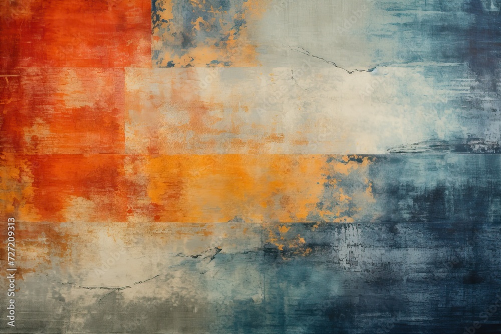 Abstract Colorful grunge texture Background. Orange, red, and blue gradient stained aged wall  rust pattern Surface painting canvas Digital art illustration