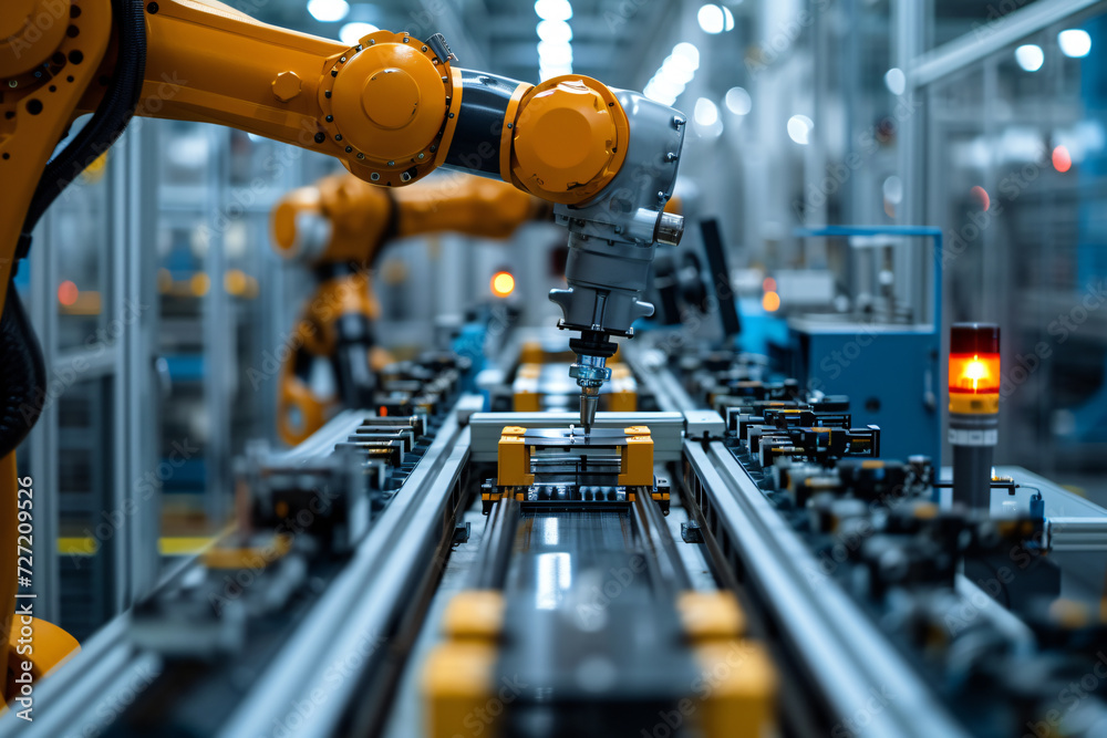 Autonomous robot working in a modern factory. Blurry Background.