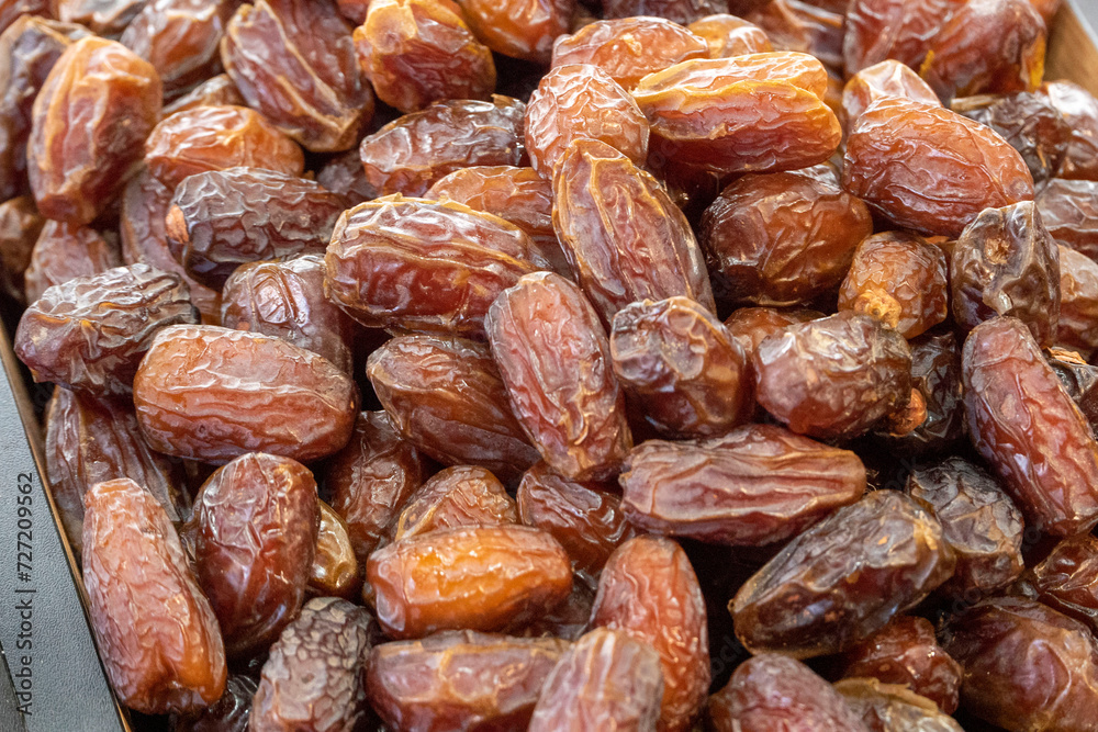Close-up of Medina dates sold in the date market.