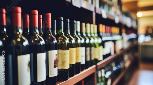 Red and white wine in bottles in wine shop