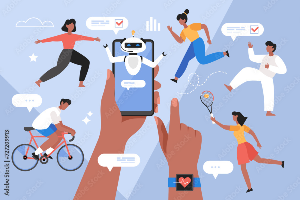 Artificial intelligence in sport and exercise smart phone app concept. Modern vector illustration of people cycling, exercising, playing tennis and running, using AI fitness  training - obrazy, fototapety, plakaty 