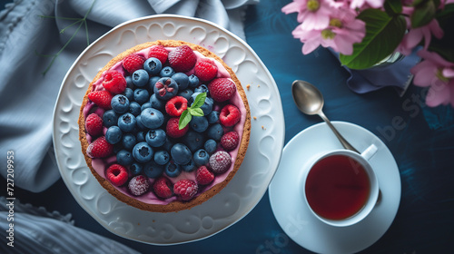 Delicious assortment of cheesecakes adorned with a variety of fresh berries, cherries, and chocolate, served on a white plate alongside a cup of coffee