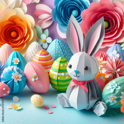 Easter bunny in origami style, among paper decorations on an Easter theme. Easter card. © hobonski