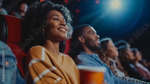 A vibrant group of diverse friends laughing and enjoying a movie night together. The room is filled with excitement as they gather around a large screen, immersed in the film's storyline. Th