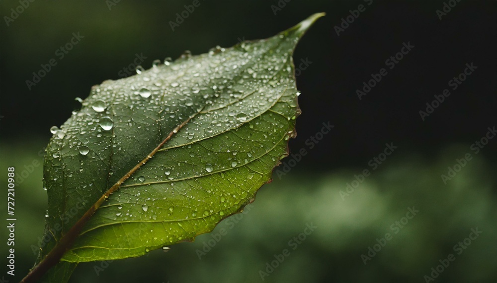 Obraz premium Clear and transparent dew drops forming on green leaves.