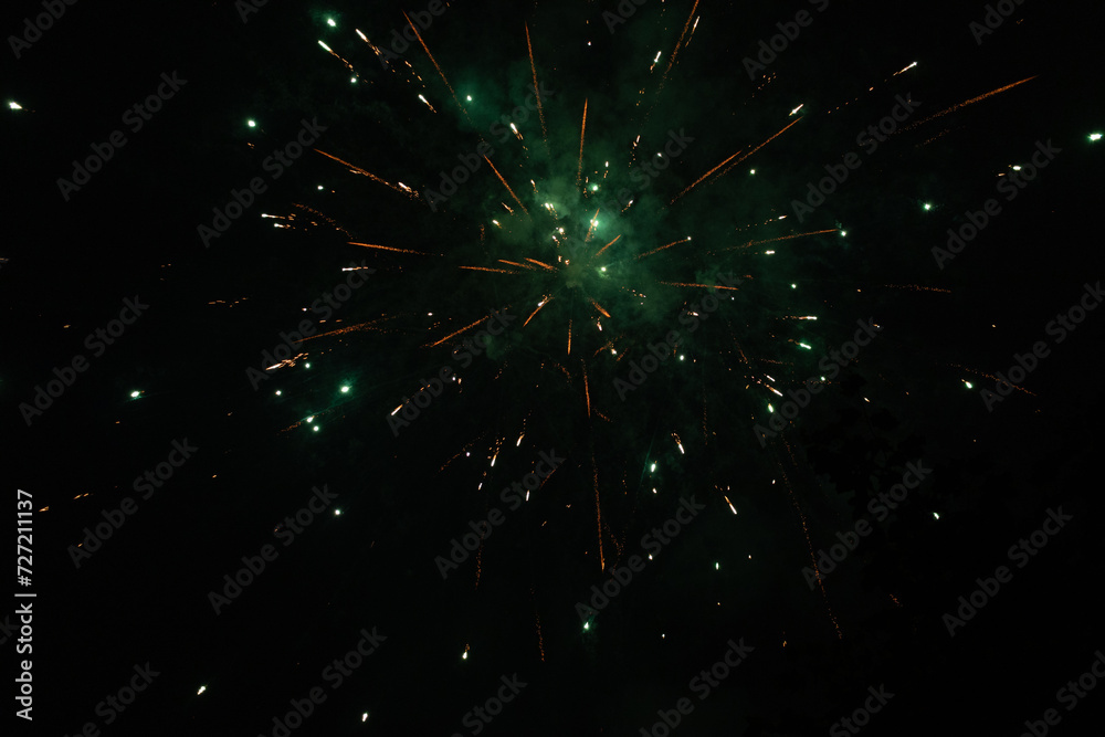 Burst of green and orange fireworks at night - vibrant streaks and sparks - smoke clouds - celebration, new years day, fourth of july, canada day. Taken in Toronto, Canada. Burst of green and orange fireworks at night - vibrant streaks and sparks - smoke clouds - celebration, new years day, fourth of july, canada day. Taken in Toronto, Canada.