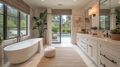 Modern minimalist bathroom interior Southern California-style. Created with Generative AI