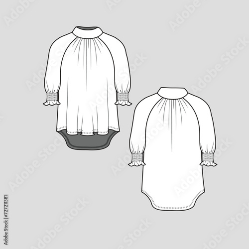 High neck Raglan Sleeve Smocked  top Mock neck Gathering High low dip hem  long Sleeve gathering smocking cuff frill detail fashion t shirt top blouse flat sketch technical drawing template design