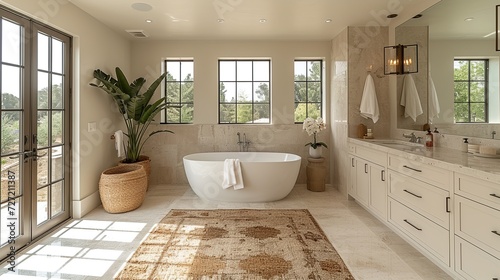 Modern minimalist bathroom interior Southern California-style. Created with Generative AI © Yevhen