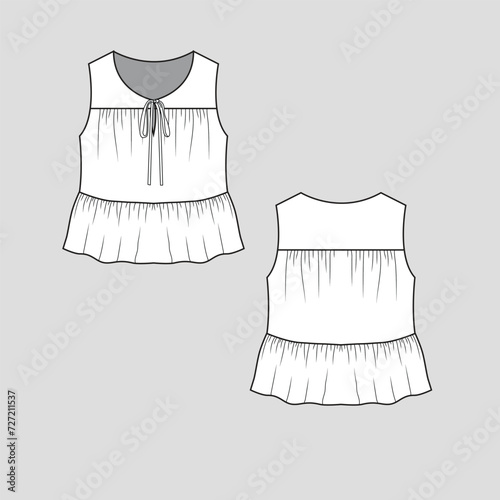 Knotted gathering top notch neck knot tie gathering ruffles fashion flat Sketch technical drawing template design vector