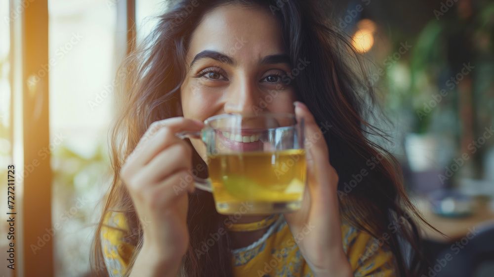 Smiling Indian Woman Enjoying Herbal Tea at Home Smiling Indian Woman Enjoying Herbal Tea at Home