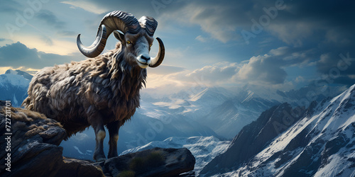 Majestic bighorn sheep roam snowy mountains embodying nature beauty and strength.AI Generative 