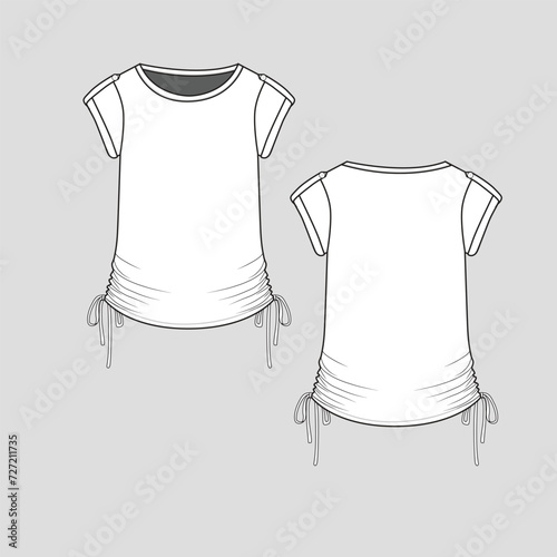 Knotted Roll up sleeve top crew neck Side hem knot tie Fold up short  sleeve with flap button Fashion t shirt top blouse  flat sketch technical drawing template design vector