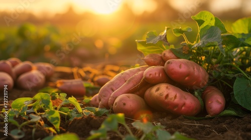 Growing sweet potato harvest and producing vegetables cultivation. Concept of small eco green business organic farming gardening and healthy food photo
