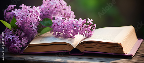 A beautiful lilac flower over an open book book and flowers poetry and romance flowers with books lilac and book.AI Generative © sobia