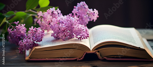 Dry a bouquet of purple flowers lying on the book.AI Generative  © sobia