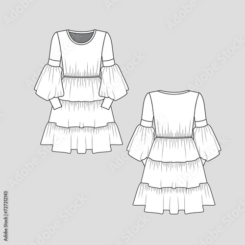 Lantern Sleeve waist Gathering Ruffles Dress crew neck Ruched gathering Peplum tiered ruffles dresses Fashion flat sketch technical drawing template design vector