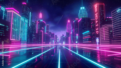 Futuristic cityscape with bright blue  pink purple neon long exposure light background.smart city concept.