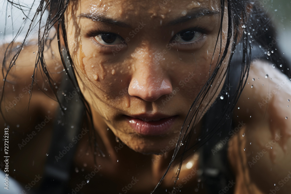 Close-Up Portrait of Female Embracing Rain with Sweat Pouring Down Face Close-Up Portrait of Female Embracing Rain with Sweat Pouring Down Face