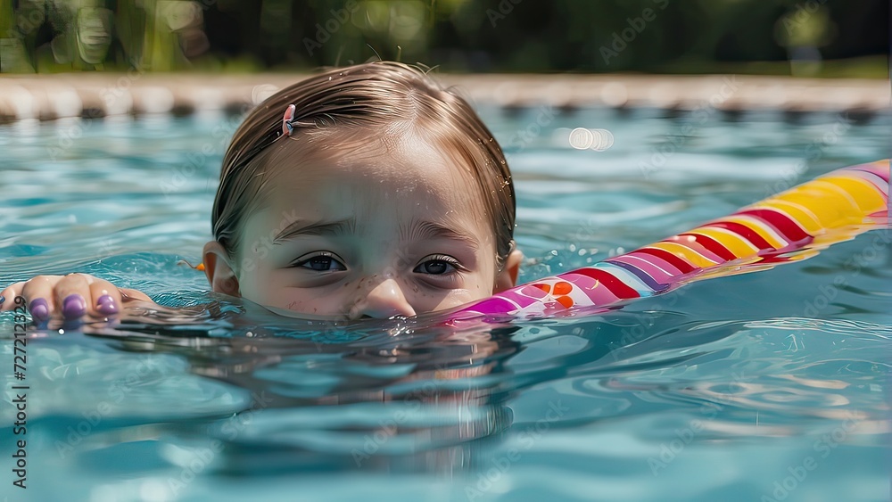 close-up of a little girl swimming in a pool.