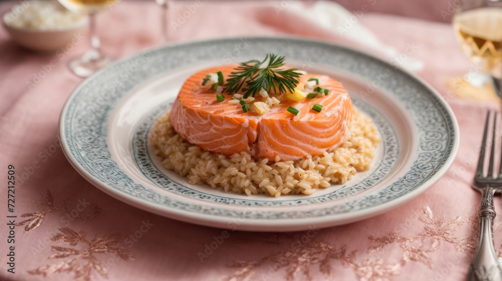 portion of salmon risotto in an embroidered plate on a pink tablecloth portion of salmon risotto in an embroidered plate on a pink tablecloth