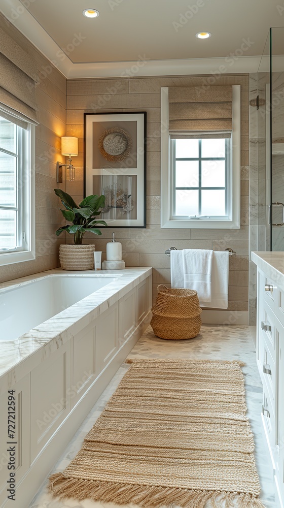 Modern minimalist bathroom interior Southern California-style. Created with Generative AI Modern minimalist bathroom interior Southern California-style. Created with Generative AI