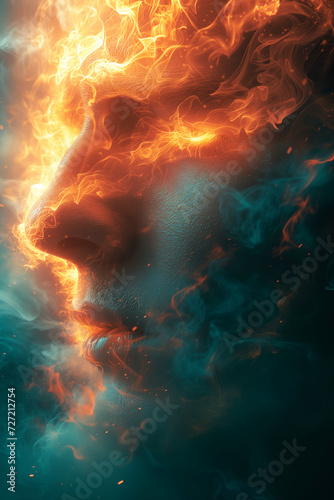 Angry, envy, hate. A visage forged from flames and fury emerges from the inferno, encapsulating the emotions of anger, envy, and bitterness.