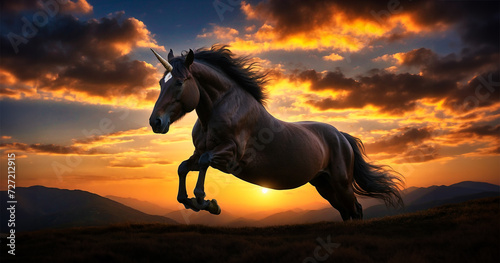A stunning image of a mythical black unicorn moving on the hill at sunset.