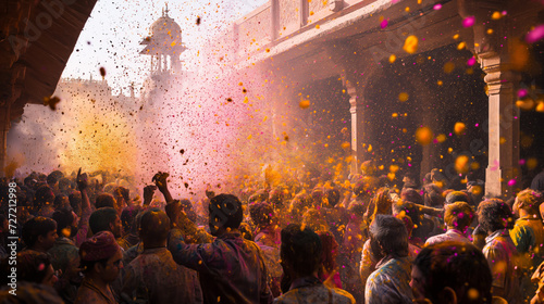 Vibrant Holi festival celebration in Nandgram Mandir complex, Vrindavan, Uttar Pradesh photo
