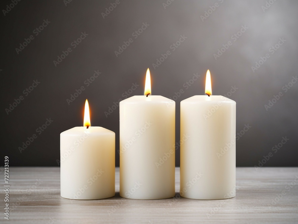Three burning candles on wooden table against dark background, space for text Three burning candles on wooden table against dark background, space for text