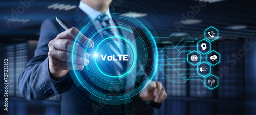 VoLTE Voice over LTE communication technology concept. Businessman pressing virtual button.