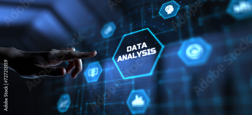 Data analysis analytics BI Business intelligence concept. Hand pressing button on screen.