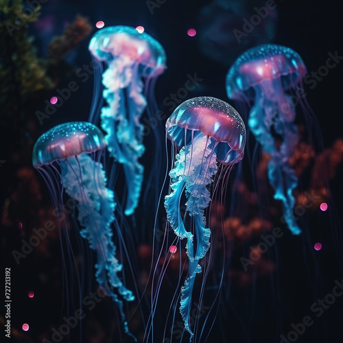 Some jellyfish in a dark water. Generative AI