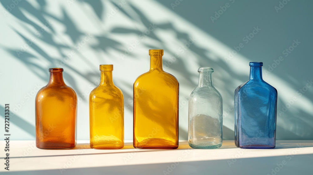 Minimalistic decorative glass bottles background concept with empty space.
Minimalistic decorative glass bottles background concept with empty space.