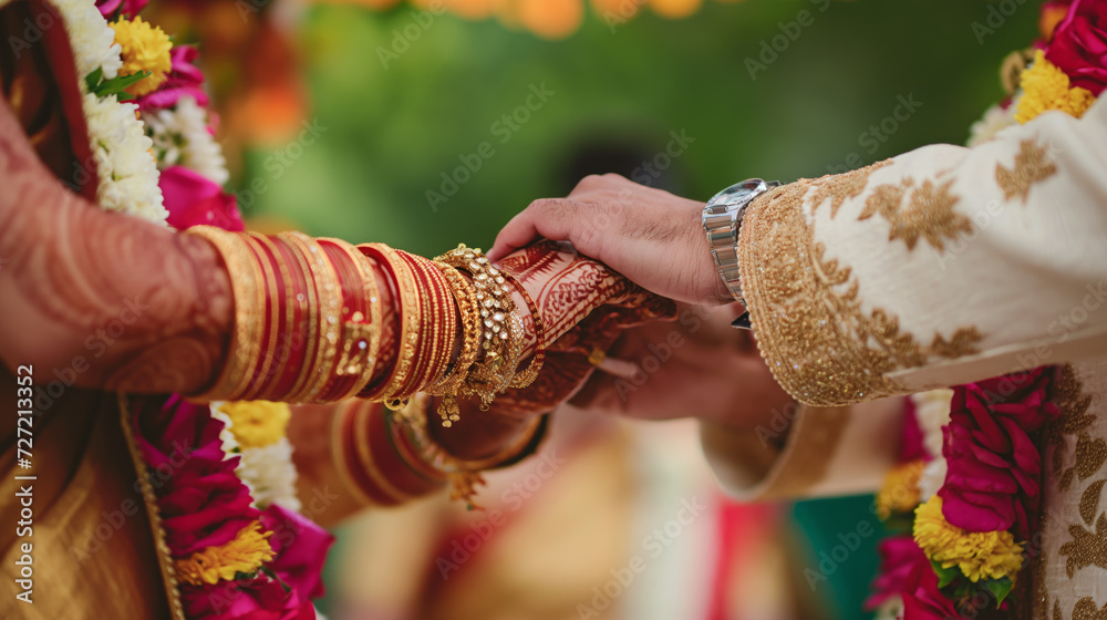 Hindu wedding ceremony: Groom holds the hand of the bride, symbolic union