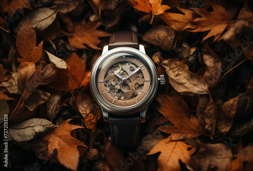 Broken Watch with Cracked Glass, Stopped, Lying on Bed of Fallen Leaves