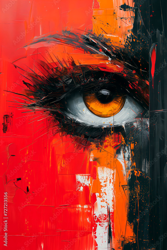 Envy, angry, hate. Angry and piercing gaze set against a tumult of black and fiery orange, capturing the volatile fusion of anger with the shadows of mental turmoil.